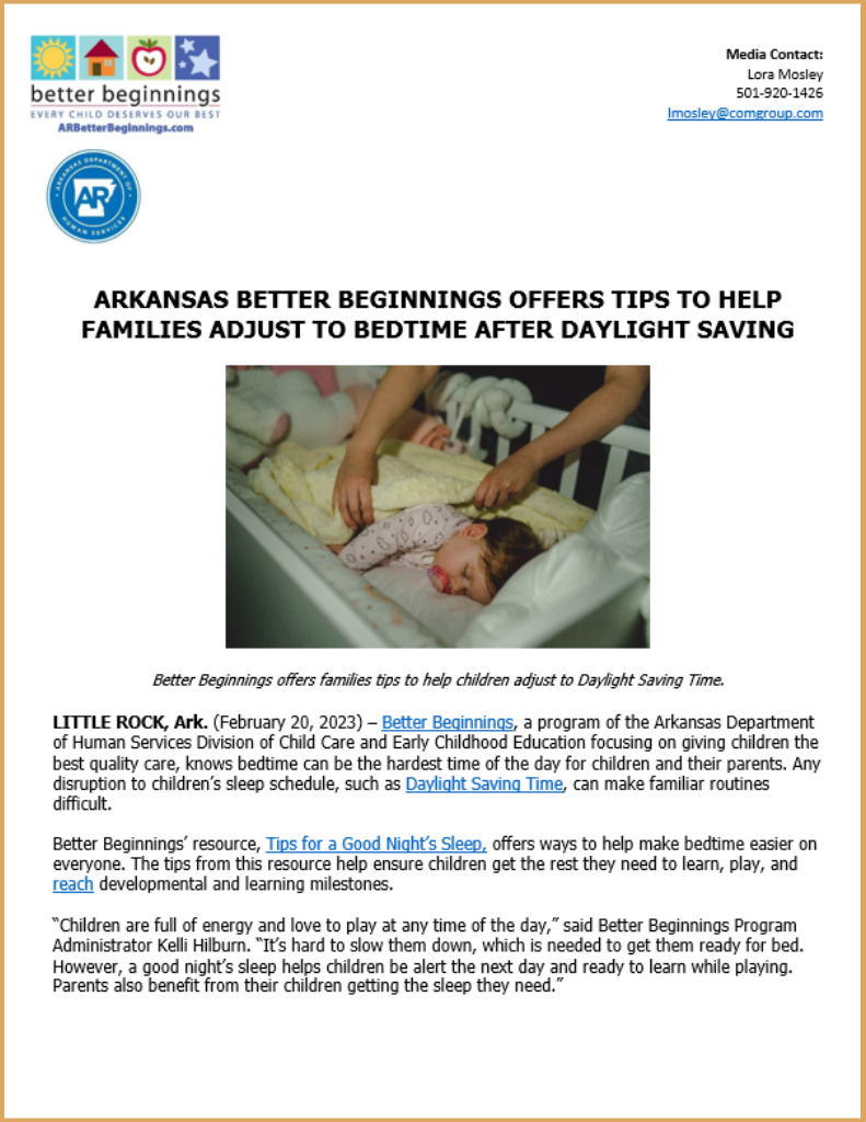 Arkansas Better Beginnings Offers Tips to Help Children Adjust to