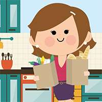 Animated mother carrying two bags of groceries